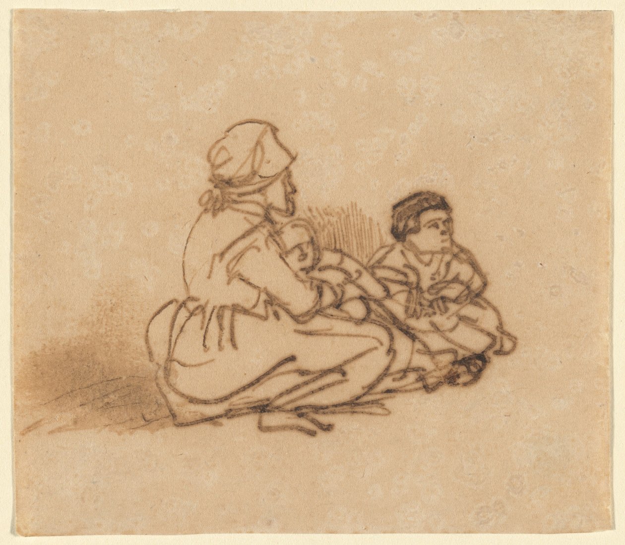 Žena sedí na zemi se dvěma dětmi od Rembrandt van Rijn