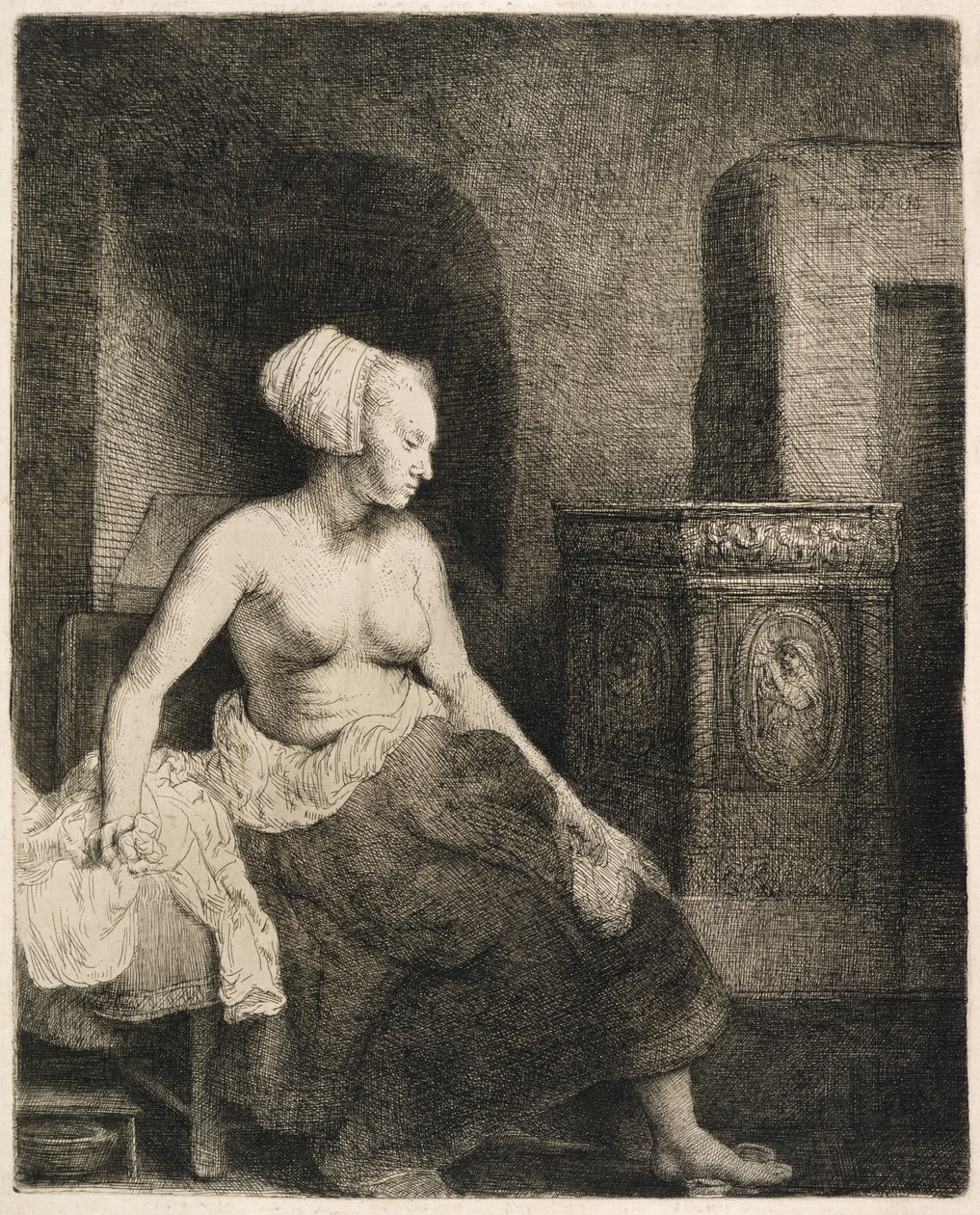 Žena sedící napůl oblečená vedle sporáku, 1658 od Rembrandt van Rijn