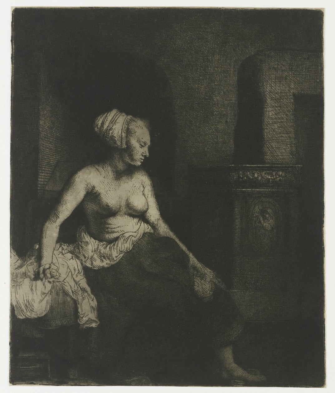 Žena sedí napůl oblečená vedle sporáku Žena sedí napůl oblečená vedle sporáku od Rembrandt van Rijn