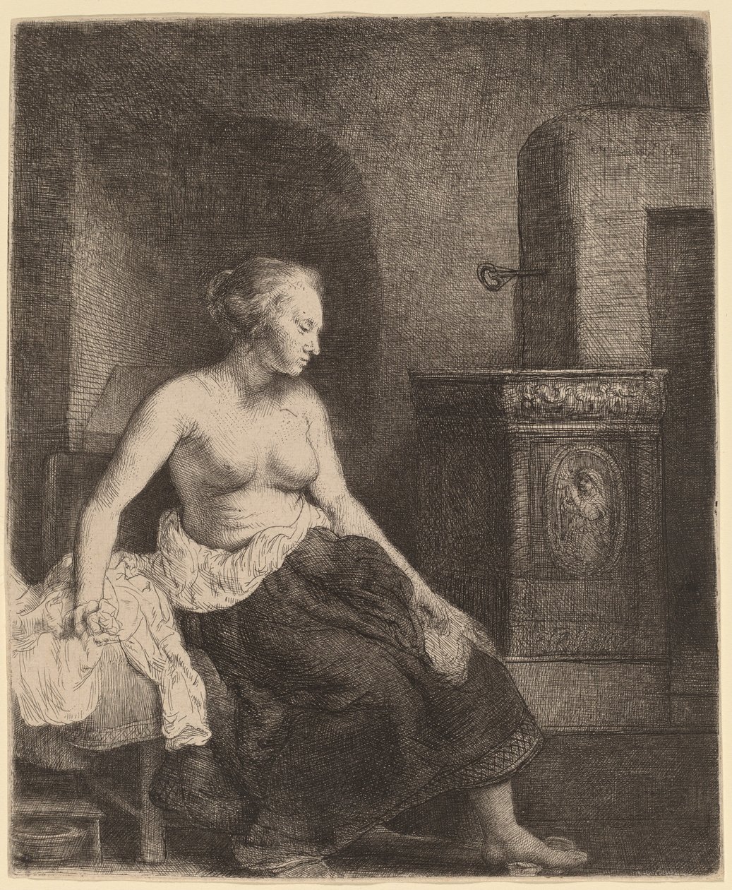 Žena sedí napůl oblečená vedle sporáku od Rembrandt van Rijn