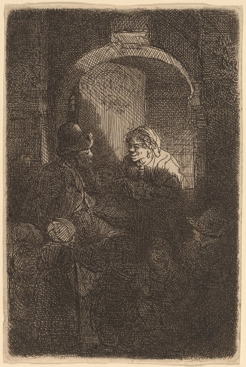 Žena u poklopu mluví s mužem a dětmi (školník) od Rembrandt van Rijn