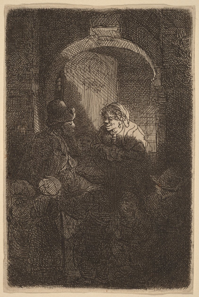 Žena u dveřního průchodu hovořící s mužem a dětmi (Učitel) od Rembrandt van Rijn