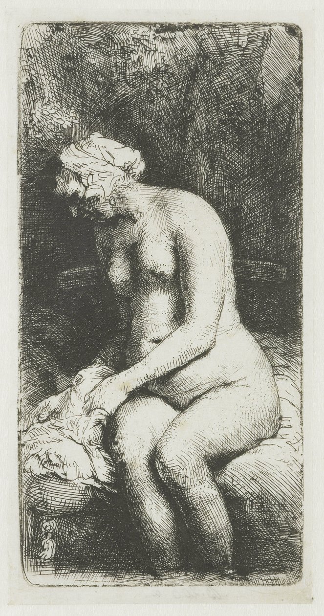 Žena si koupe nohy u potoka od Rembrandt van Rijn