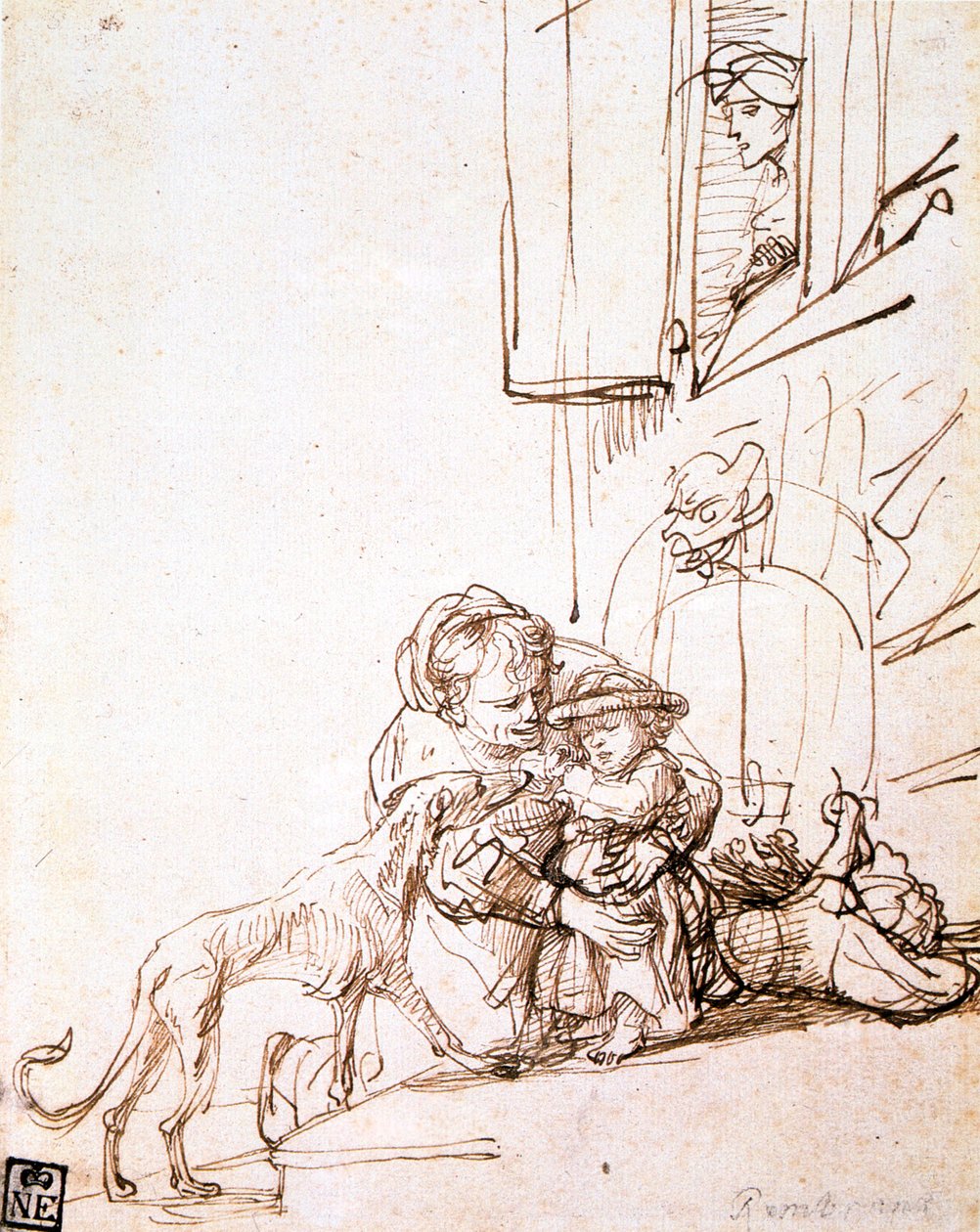 Žena s dítětem se bojí psa, 17. století od Rembrandt van Rijn