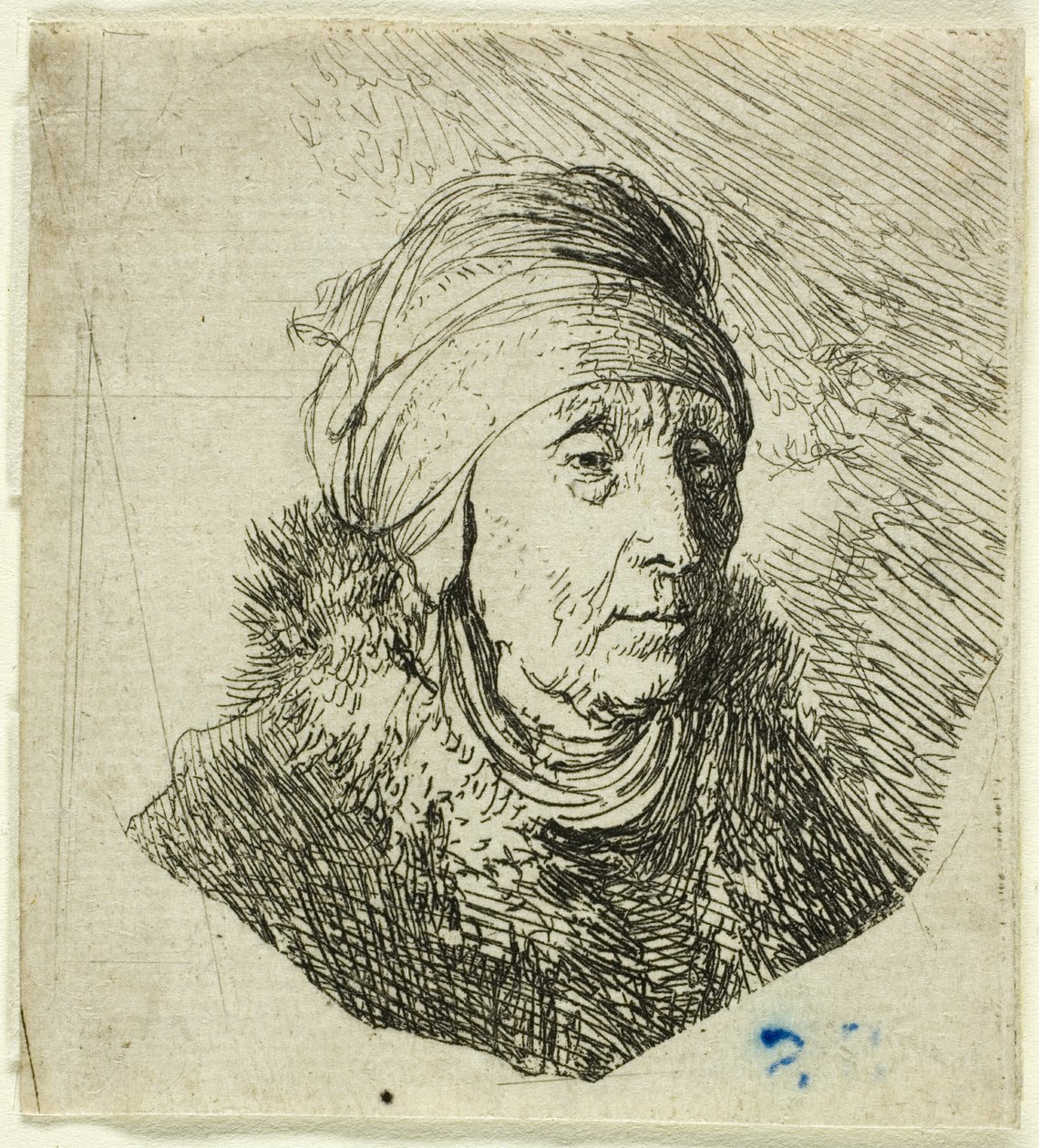 Žena s vysokou čelenkou omotanou kolem brady: poprsí od Rembrandt van Rijn