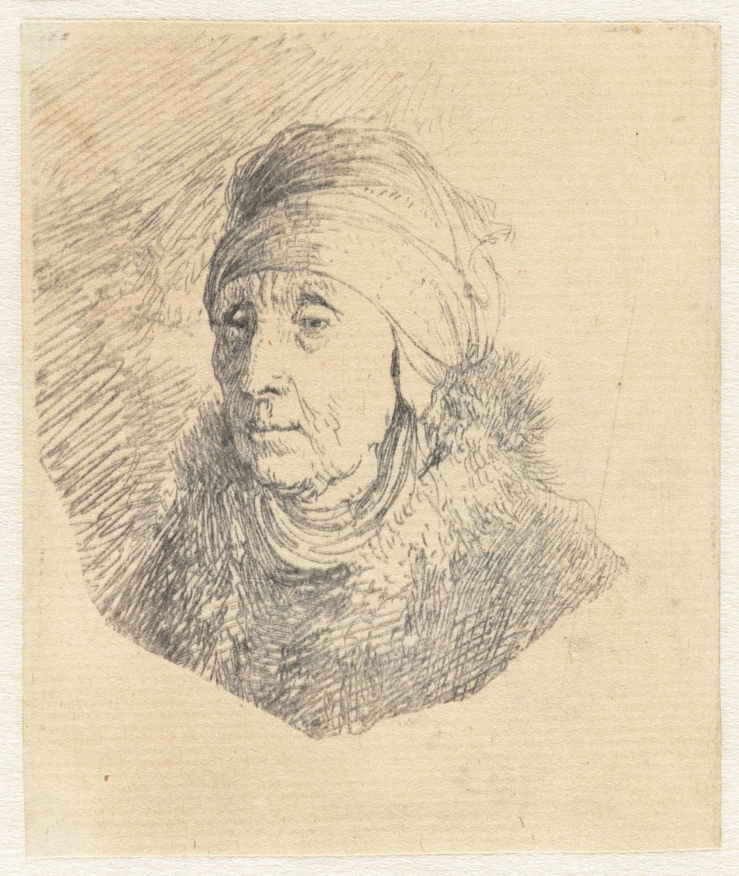 Žena s vysokou čelenkou ovinutou kolem brady: poprsí od Rembrandt van Rijn