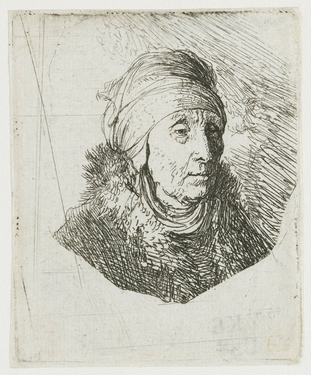 Žena s vysokou čelenkou ovinutou kolem brady: poprsí od Rembrandt van Rijn