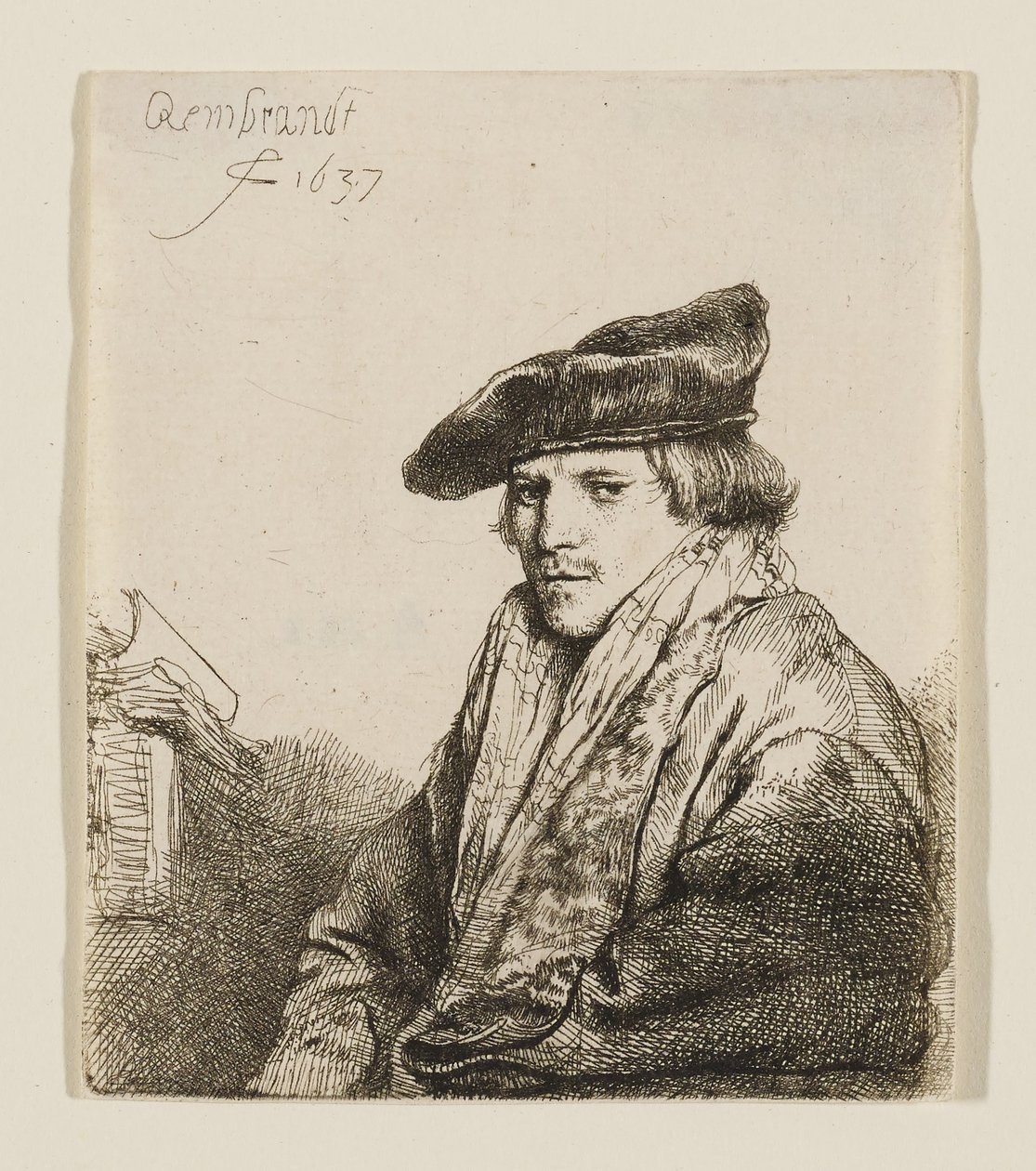 Mladý muž v sametové čepici s knihami vedle sebe od Rembrandt van Rijn