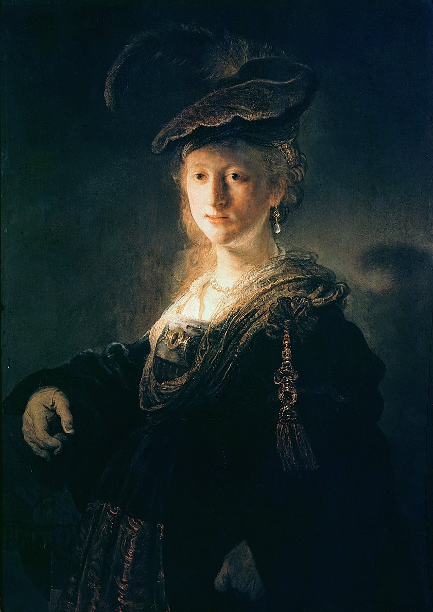 Mladá žena v maškarních šatech od Rembrandt van Rijn