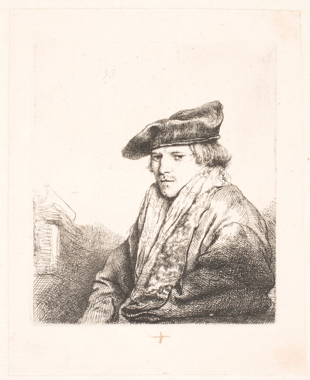 Mladý muž v sametové čepici s knihami vedle sebe od Rembrandt van Rijn