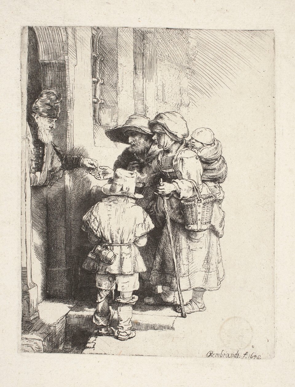 Žebráci přijímající almužnu ve dveřích od Rembrandt van Rijn