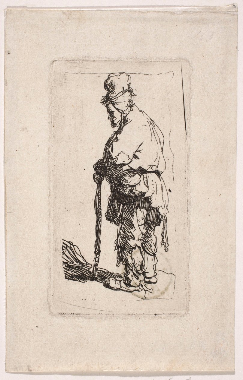 Žebrák opírající se o hůl, otočený doleva od Rembrandt van Rijn