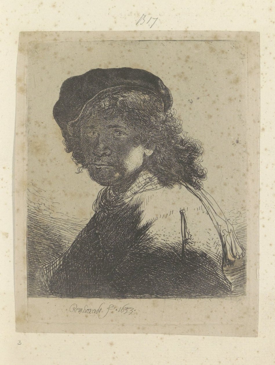 Autoportrét s baretem a šátkem, obličej ve stínu Recueil de quatre-vingt-cinq estampes originales (název série) od Rembrandt van Rijn