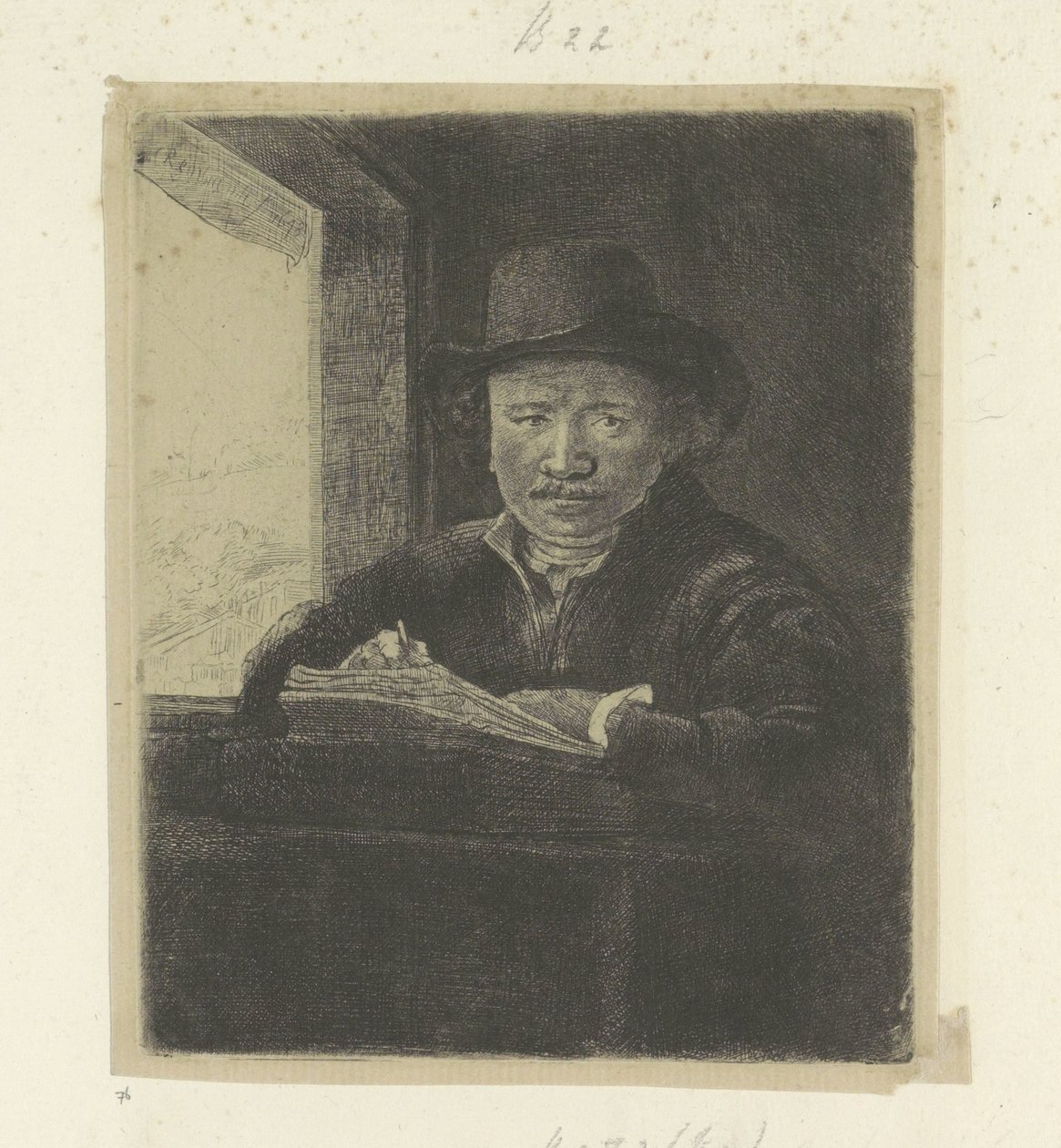 Autoportrét, kresba v okně Recueil de quatre-vingt-cinq estampes originales (název série) od Rembrandt van Rijn