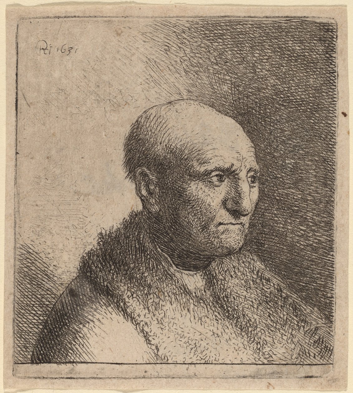 Plešatý muž v kožešinovém plášti od Rembrandt van Rijn and Studio of Rembrandt