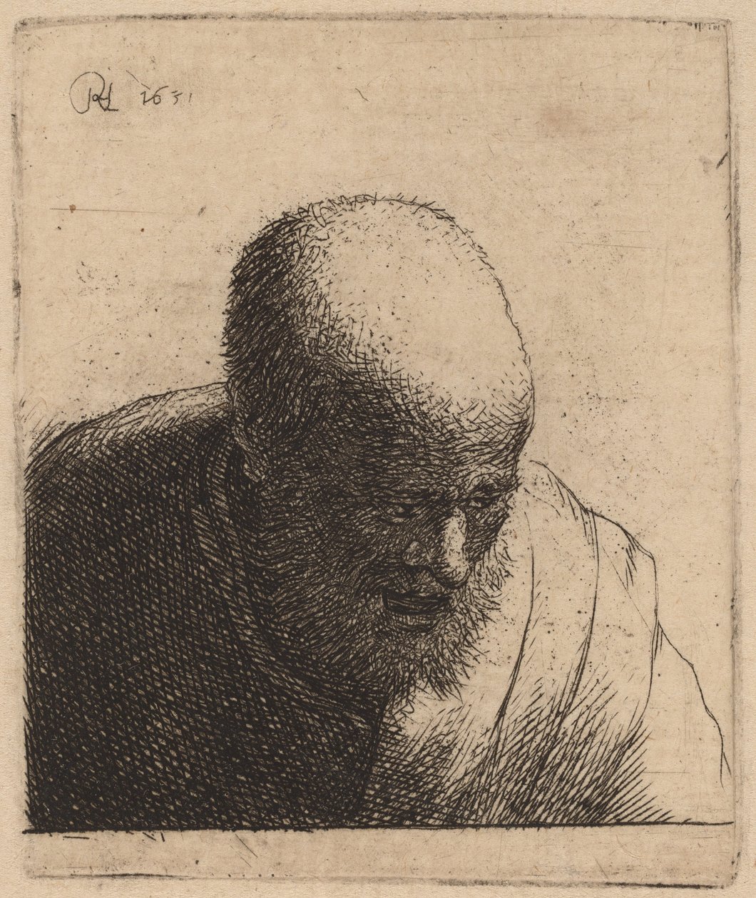 Plešatý muž s otevřenými ústy, dívá se dolů od Rembrandt van Rijn and Studio of Rembrandt