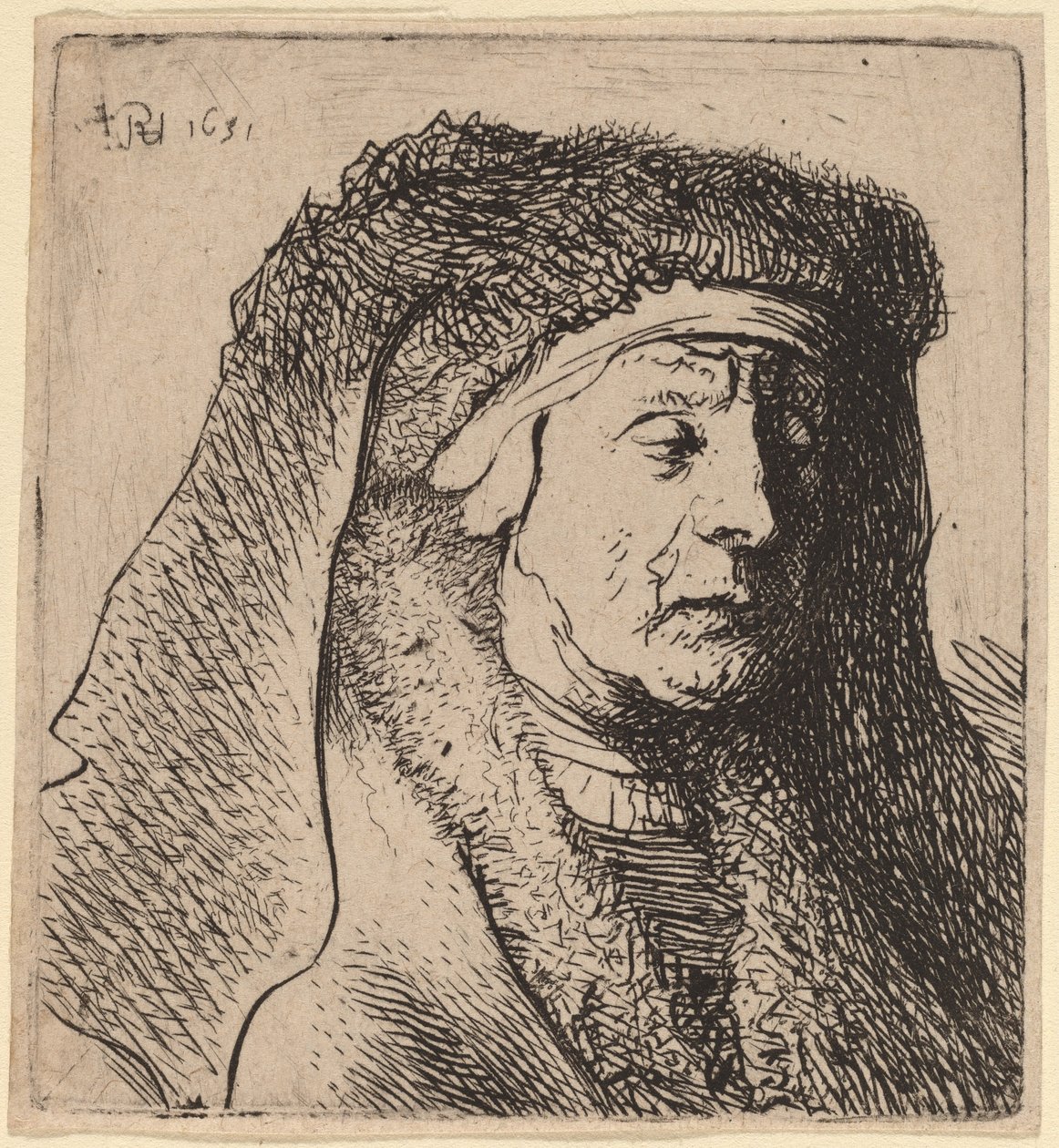 Busta staré ženy v chlupatém plášti a těžkou čelenkou od Rembrandt van Rijn and Studio of Rembrandt