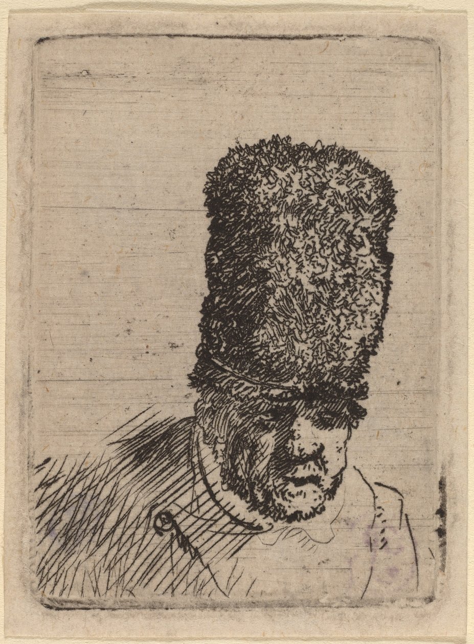 Hlava starého muže ve vysoké kožešinové čepici od Rembrandt van Rijn and Studio of Rembrandt
