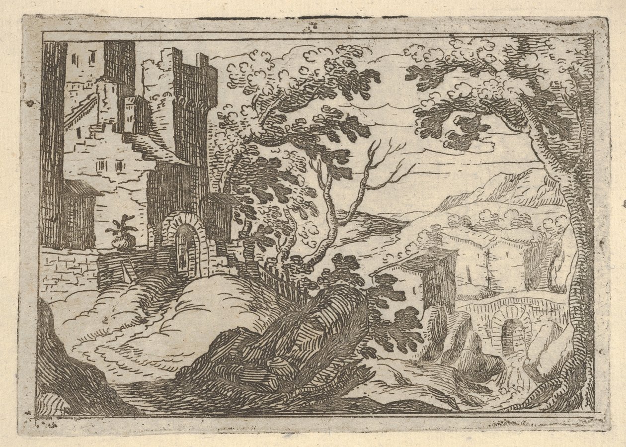 Krajina s budovami vlevo a mostem vpravo dole, ca. 1620-50. od Remigio Cantagallina