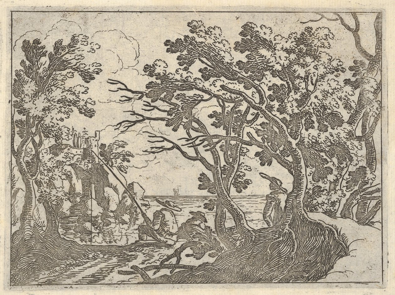 Krajina s pobřežním rybářem a mužským divákem pod stromy, muž na přídi člunu..., ca. 1620-50. od Remigio Cantagallina