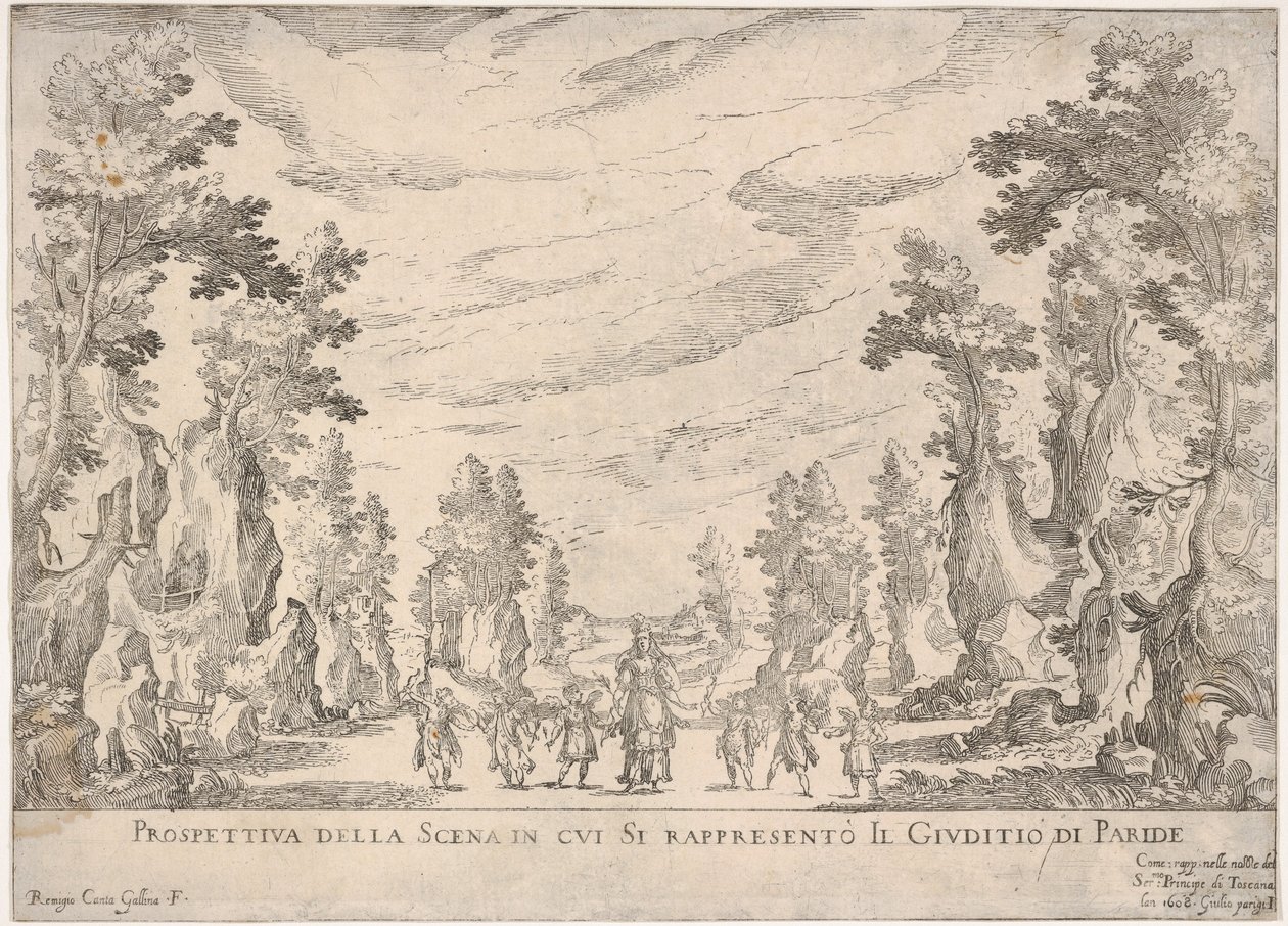 Pohled na scénu, ve které je zastoupen soud v Paříži Prospettiva della scena i..., 1608. od Remigio Cantagallina