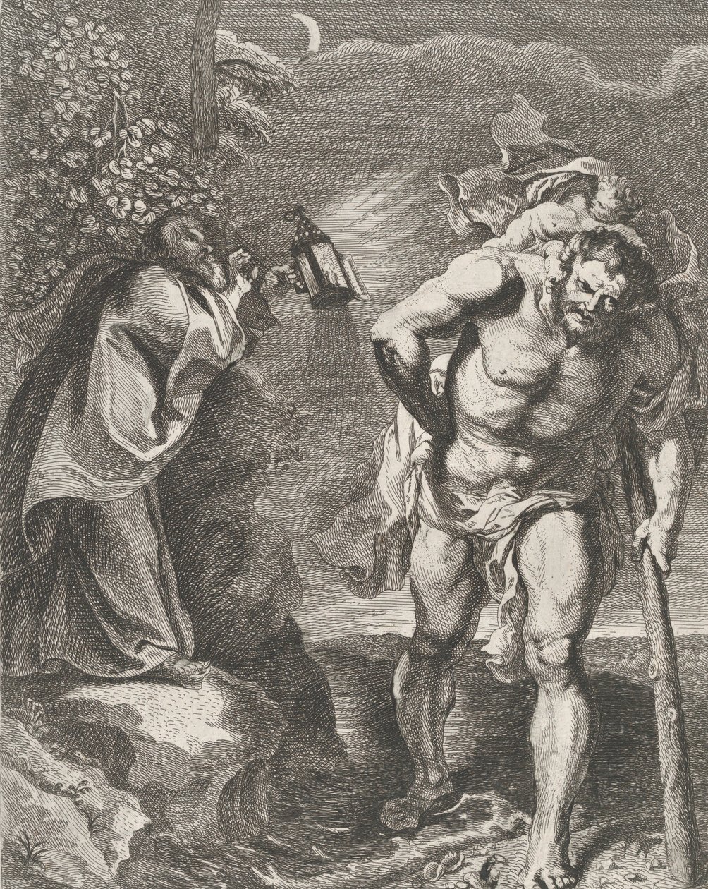 Svatý Kryštof nesoucí dítě Krista přes potok, další muž držící ..., ca. 1636-80. od Remoldus Eynhoudts