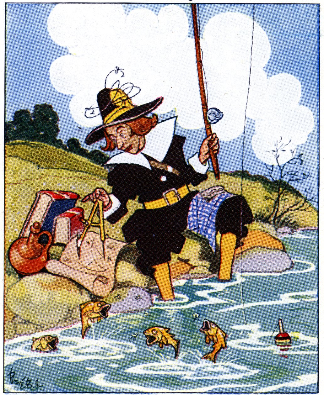 Izaak Walton studuje Euklidovy úhly při rybaření, 1936 od René Bull