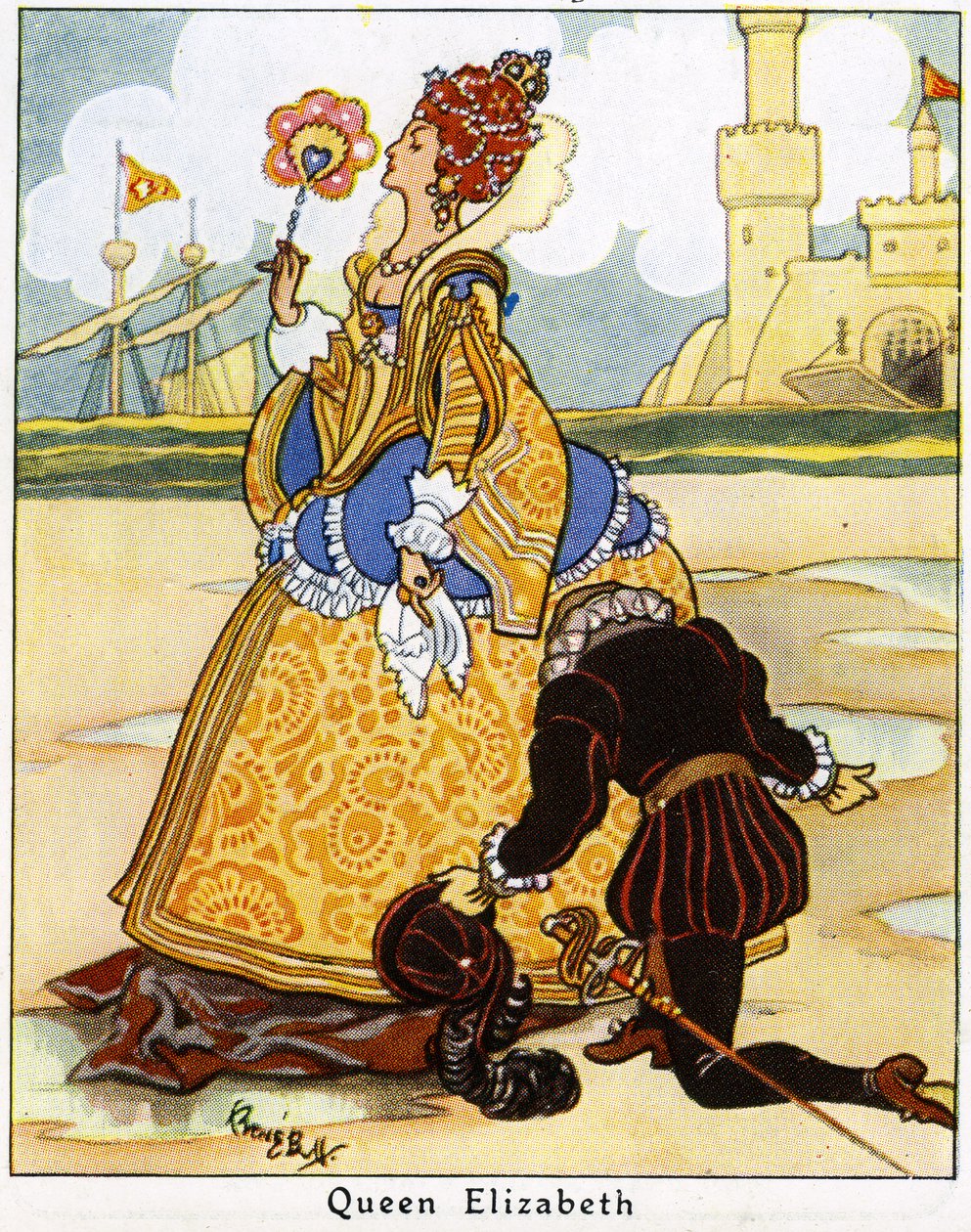 Sir Walter Raleigh položí svůj plášť před královnu Alžbětu I., aby přešel přes louži, 1936 od René Bull
