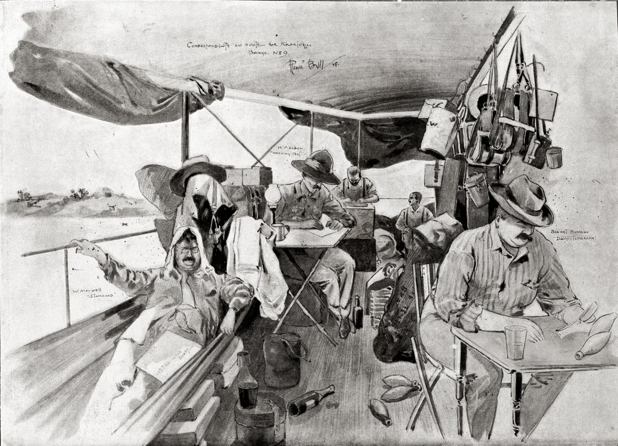 Váleční korespondenti na cestě do Chartúmu, vytištěno v „Černobílé“, 20. srpna 1898 (litografie) od René Bull