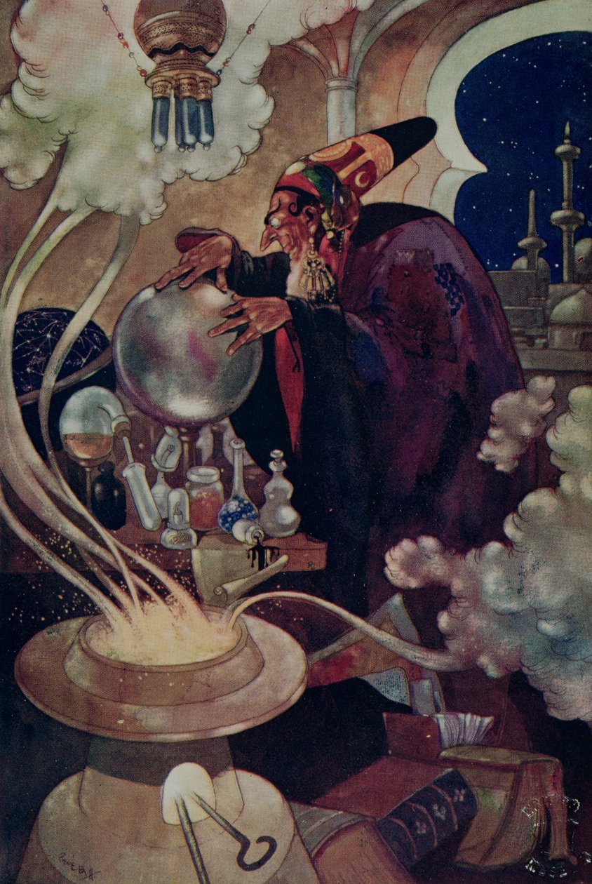 „Po dlouhém a pečlivém kurzu magických otázek“ z „Arabské noci“ (barevné lito) od René Bull