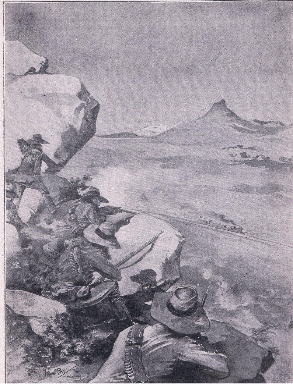 Búrové stříleli na vlak generála Frencha (litho) od René Bull