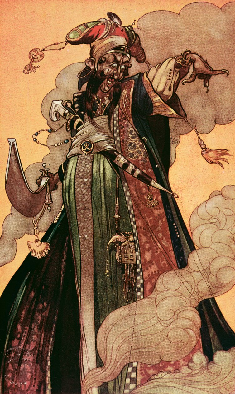 „Viděl, jak k němu postupuje džin monstrózního objemu“ z „Arabských nocí“ (barva litho) od René Bull