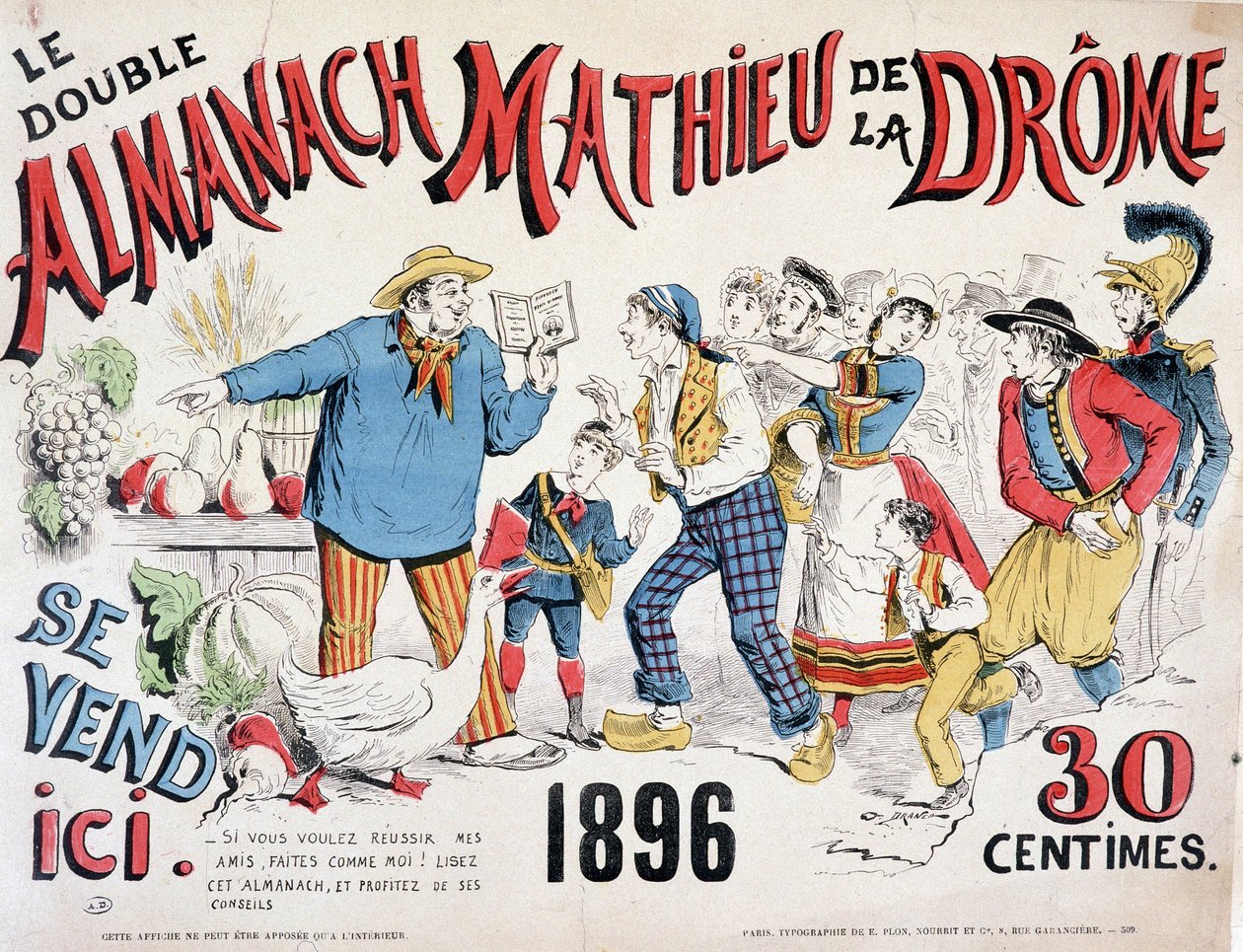 Reklamní plakát na Almanach Mathieu de la Drôme 1896 (rolník dávající rady ohledně plodiny davu, který spěchá na knihu), 30 centů. od Renard Jules Draner