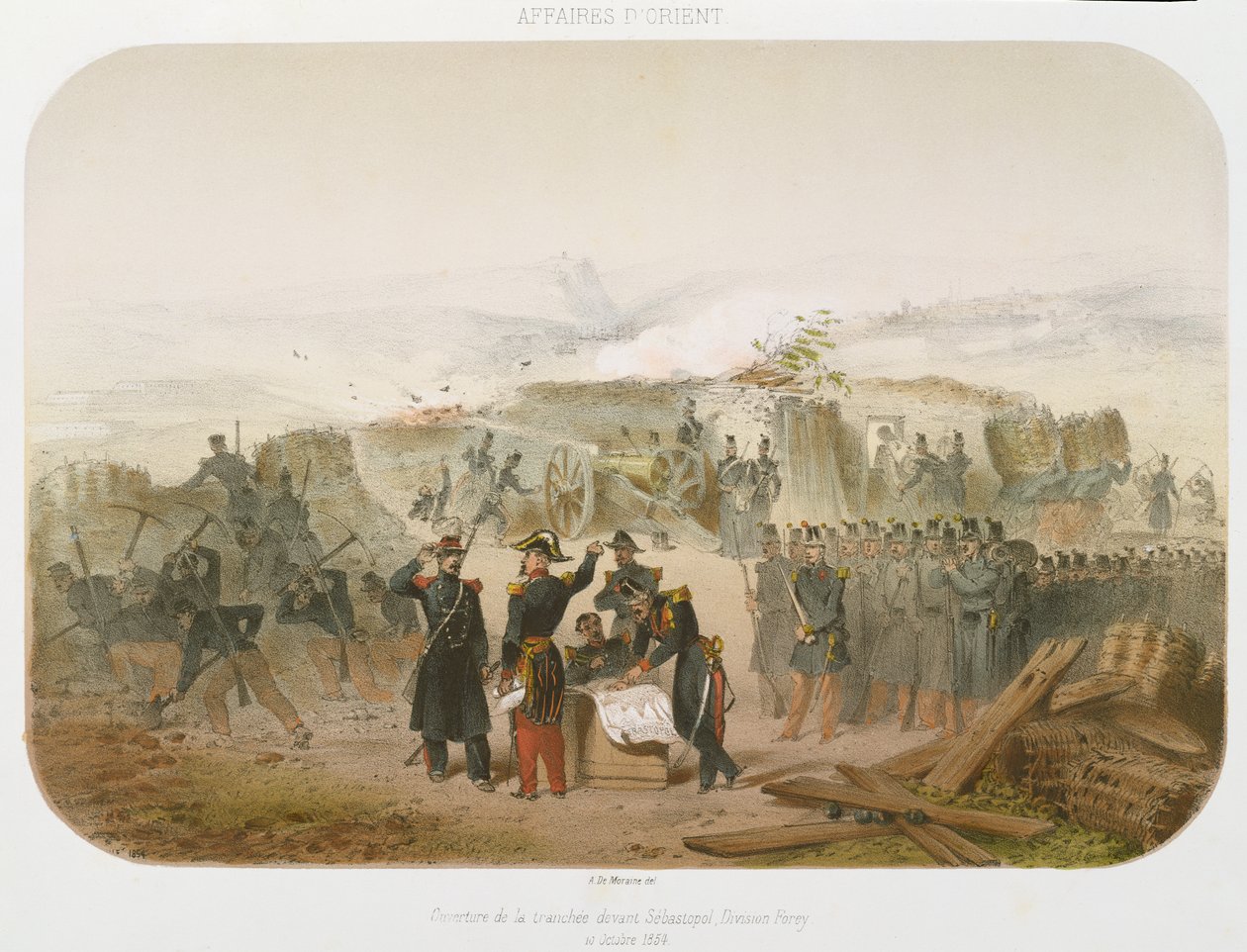 Stavba příkopu před Sebastopolem, 10. října 1854, 1854 (barevná litografie) od Rene Demoraine
