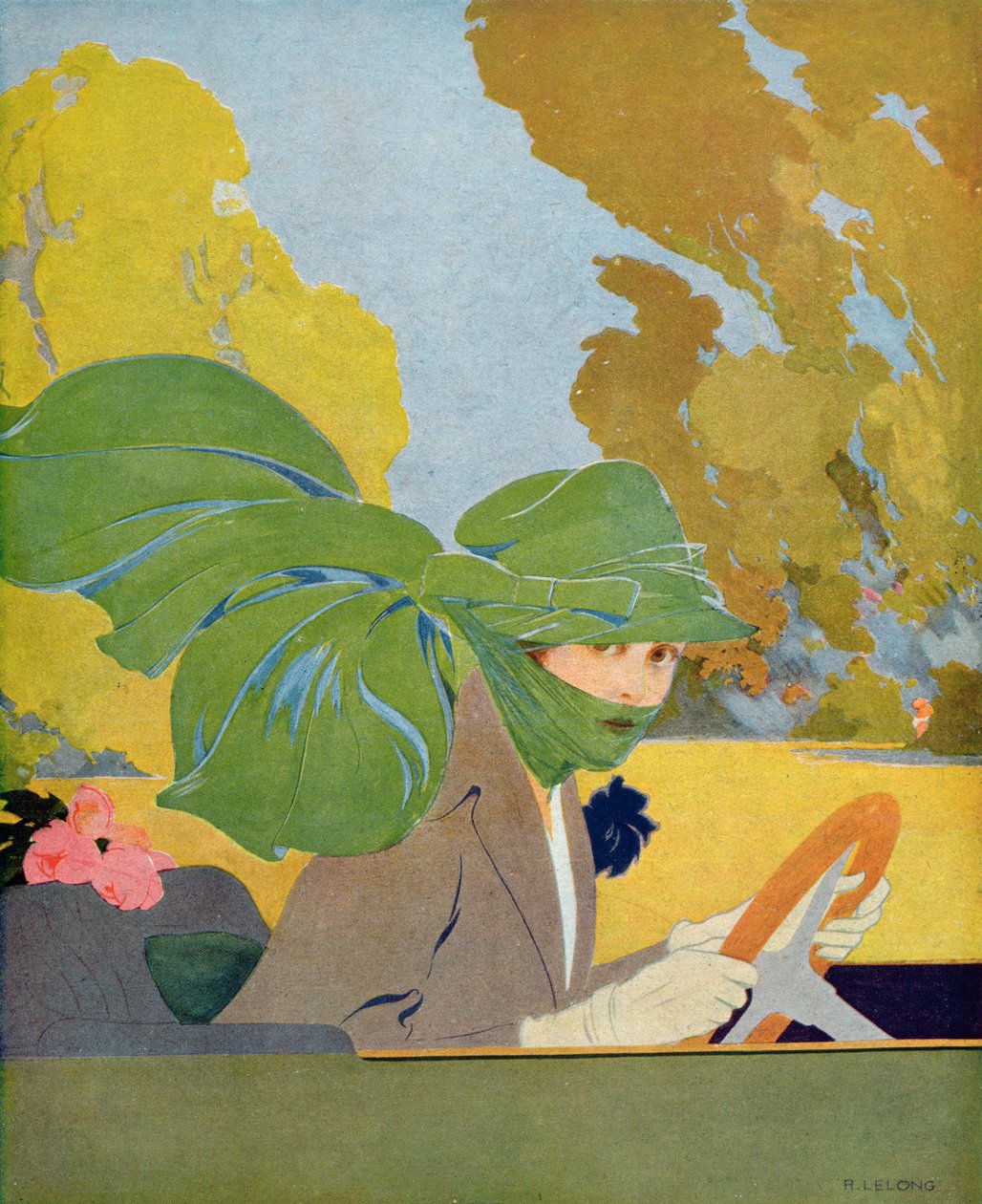 Marthe Chenal za volantem svého motorového vozu, ilustrace z 