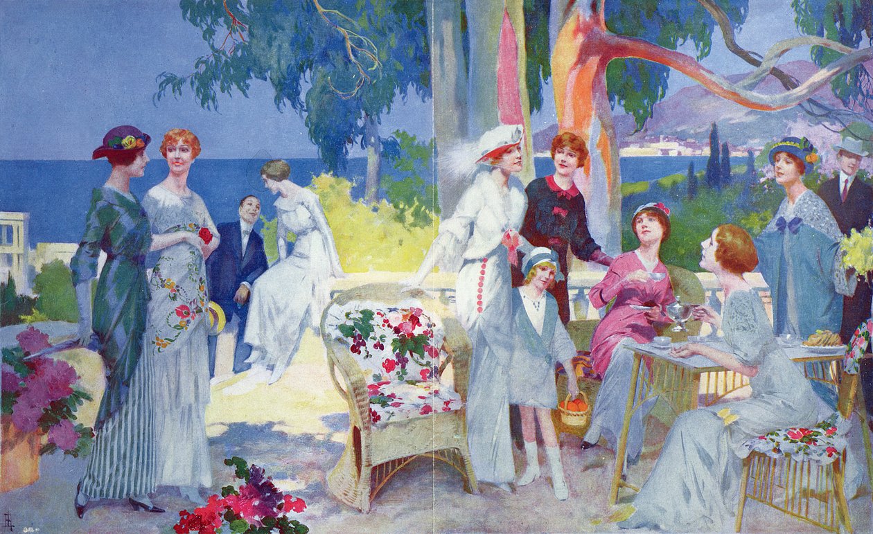 Čajový dýchánek v zahradě na Francouzské riviéře, ilustrace z „La Vie Heureuse“, březen 1913 od Rene Lelong