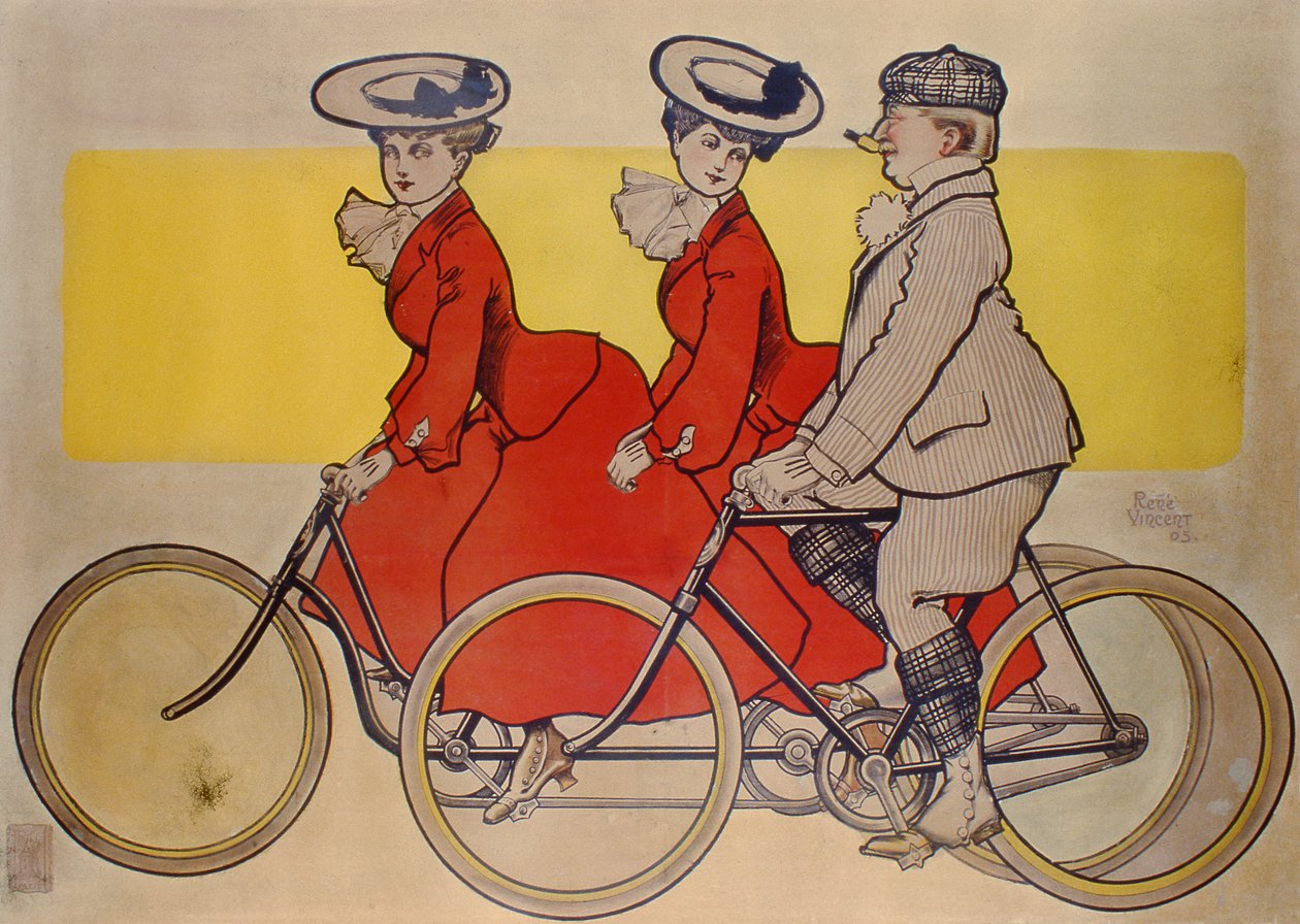 Muž na kole a ženy na tandemu, 1905 (barevná rytina) od Rene Vincent