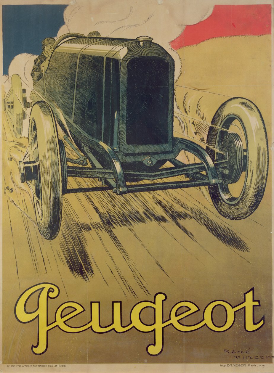 Plakát inzerující závodní vůz Peugeot, kolem roku 1918 od Rene Vincent