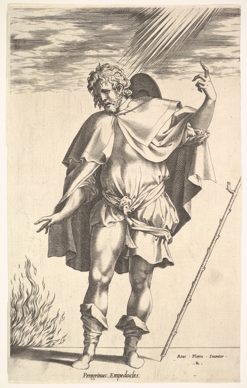 Empedokles, stojící vepředu s hlavou otočenou ve tříčtvrtinovém pohledu, řídí..., ca. 1545-63. od Rene Boyvin