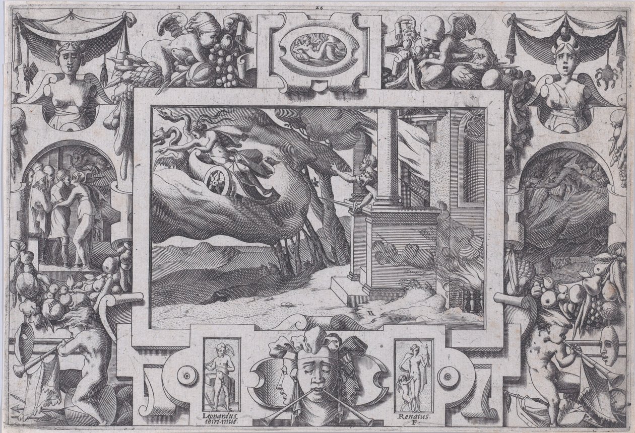 Medea prchá před Jasonem Krátký meč Jason ji pronásleduje, ale nemůže žít..., 1563. od Rene Boyvin