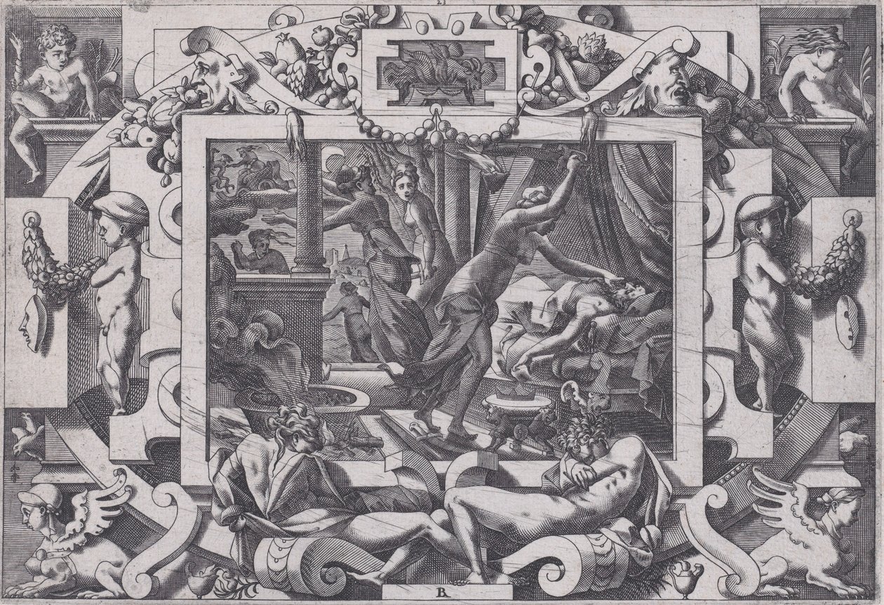Pelias zabit svými dcerami, jejichž soucit sebral odvahu vyprázdnit jeho krev do v..., 1563. od Rene Boyvin