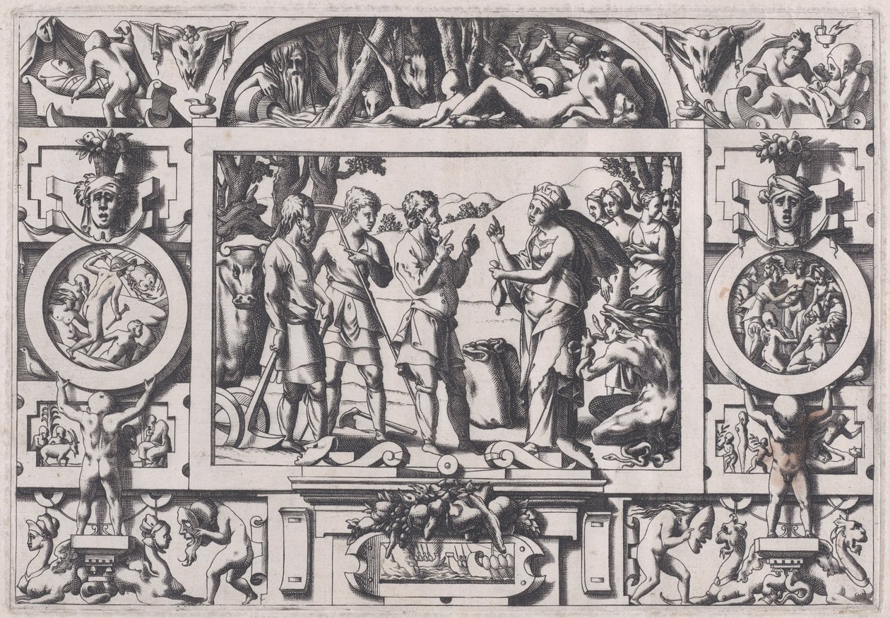 Královna Ino a manžel Královna Ino kazí semeno ročního mláďata všude..., 1563. od Rene Boyvin