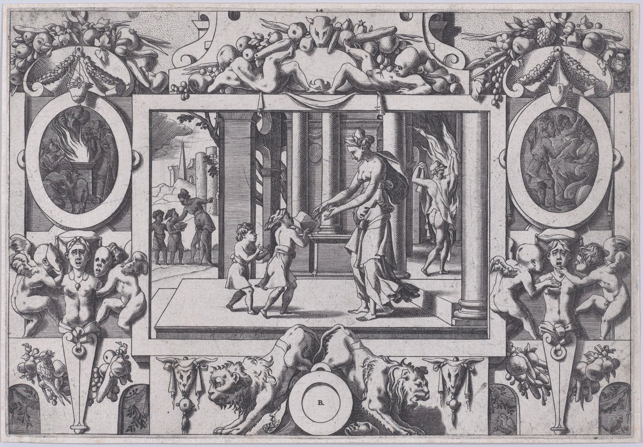Děti Médeie a Jason dávají Creusovi osudný dárek od jeho dvou synů ke St..., 1563. od Rene Boyvin