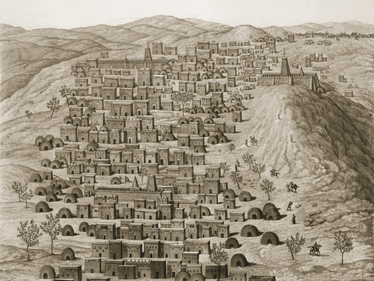 Pohled na část města Timbuktu z kopce, ilustrace z Journal dun Voyage a Tombouctou et a Jenne, 1830 od Rene Caillie