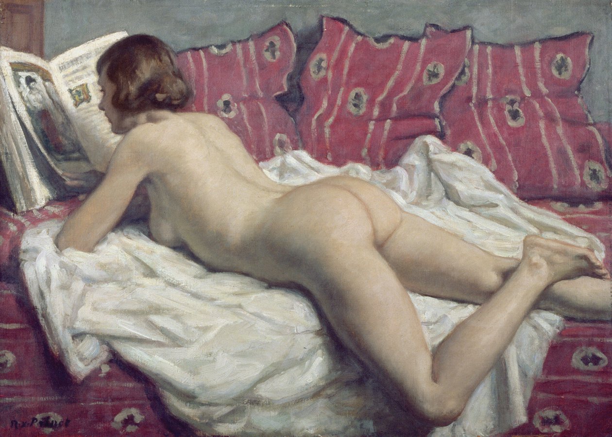 Akt na růžovém divanu, kolem roku 1925 (olej na plátně) od René François Xavier Prinet