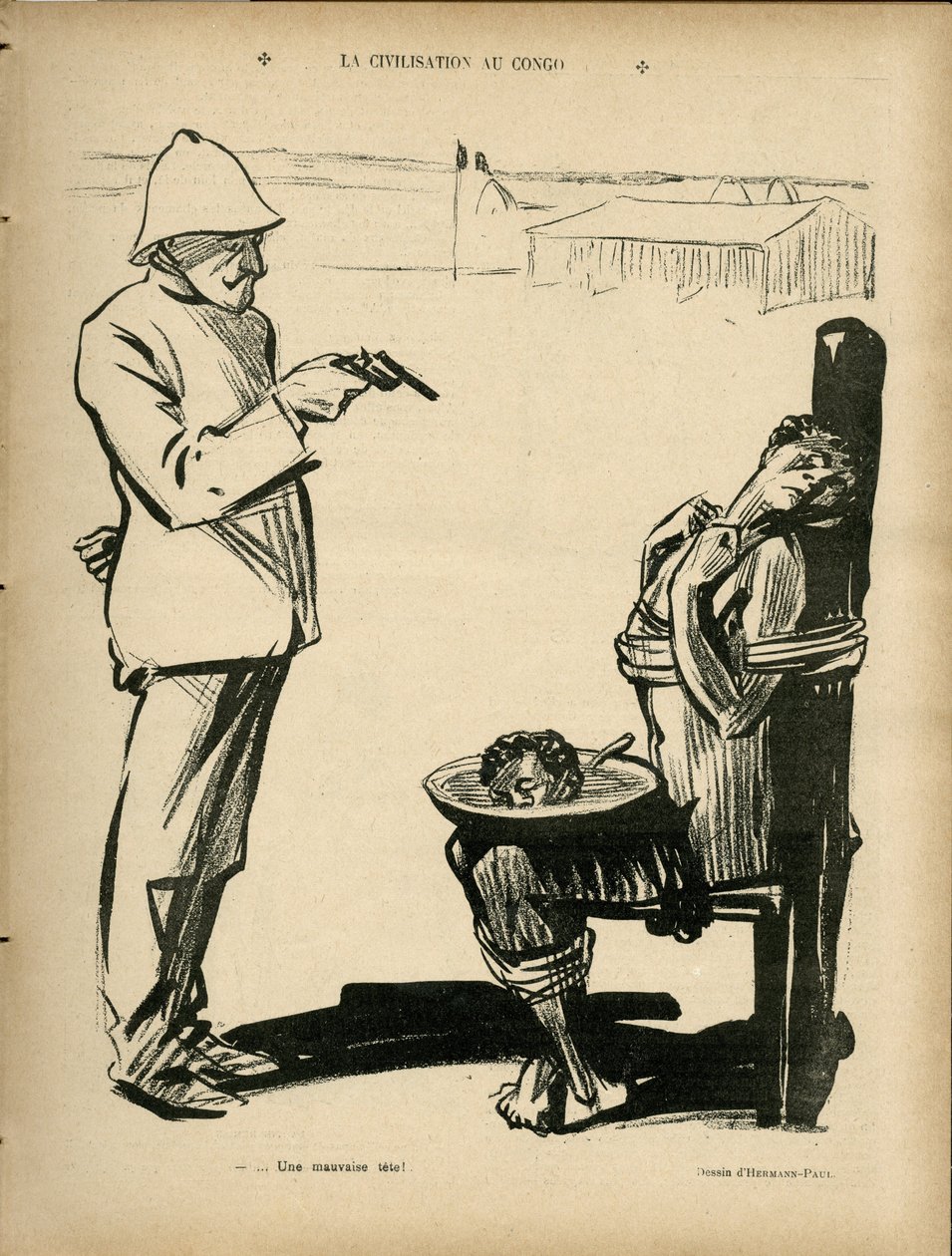 Ilustrace Hermann-Paul (1864-1940) v Le Rire, 04.03.05 - La Civilisation au Kongo - Kolonizace koloniálních kolonií, Kongo, Antikolonialismus - Černá od Rene George Hermann Paul
