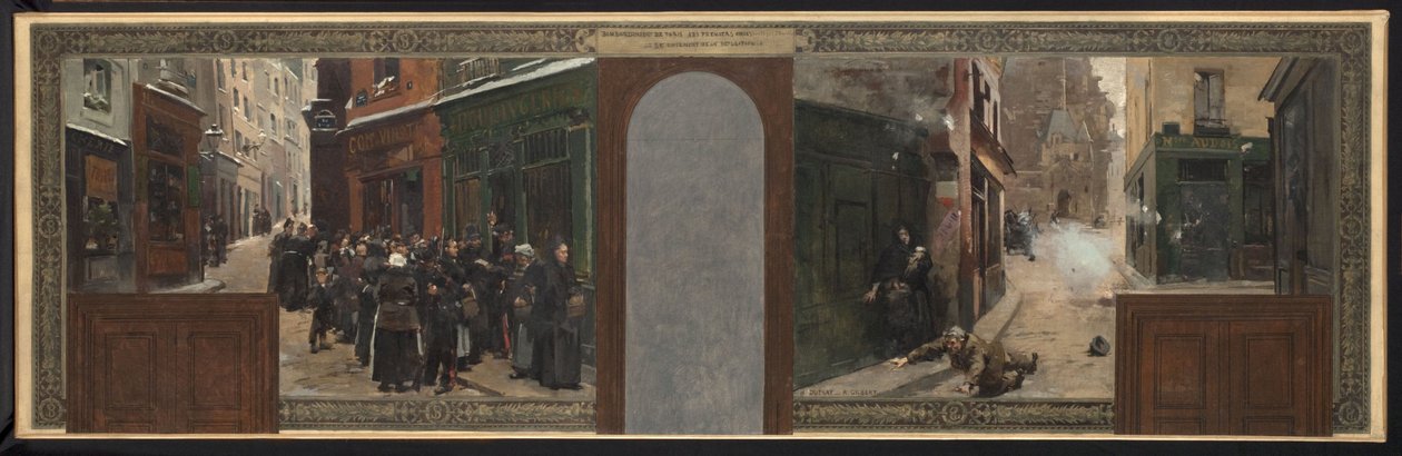 Skica kanceláře prefekta na pařížské radnici: Bombardování Mont Sainte-Geneviève. Příděly pro obyvatelstvo od Rene Joseph Gilbert