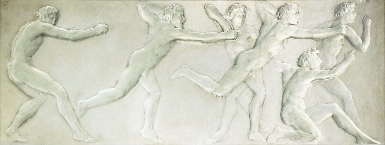 Tvarovaný skleněný figurální panel zobrazující šest nahých mužských sportovců, od Rene Jules Lalique