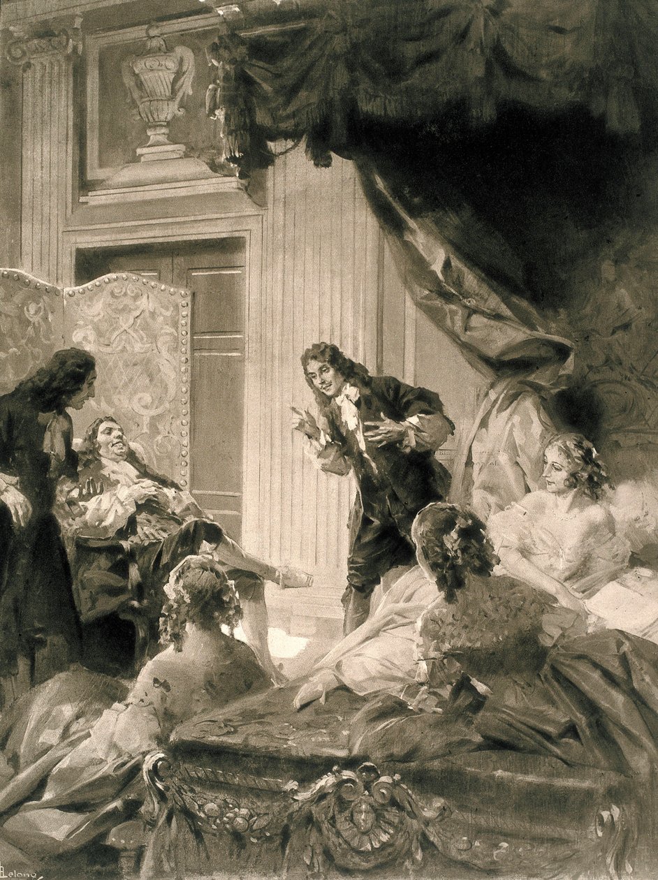 Scéna hry "Le Malade Imaginaire" od Jean Baptiste Poquelin dit MOLIERE (1622-1673), konec 19. - začátek 20. století (malba) od Rene Lelong