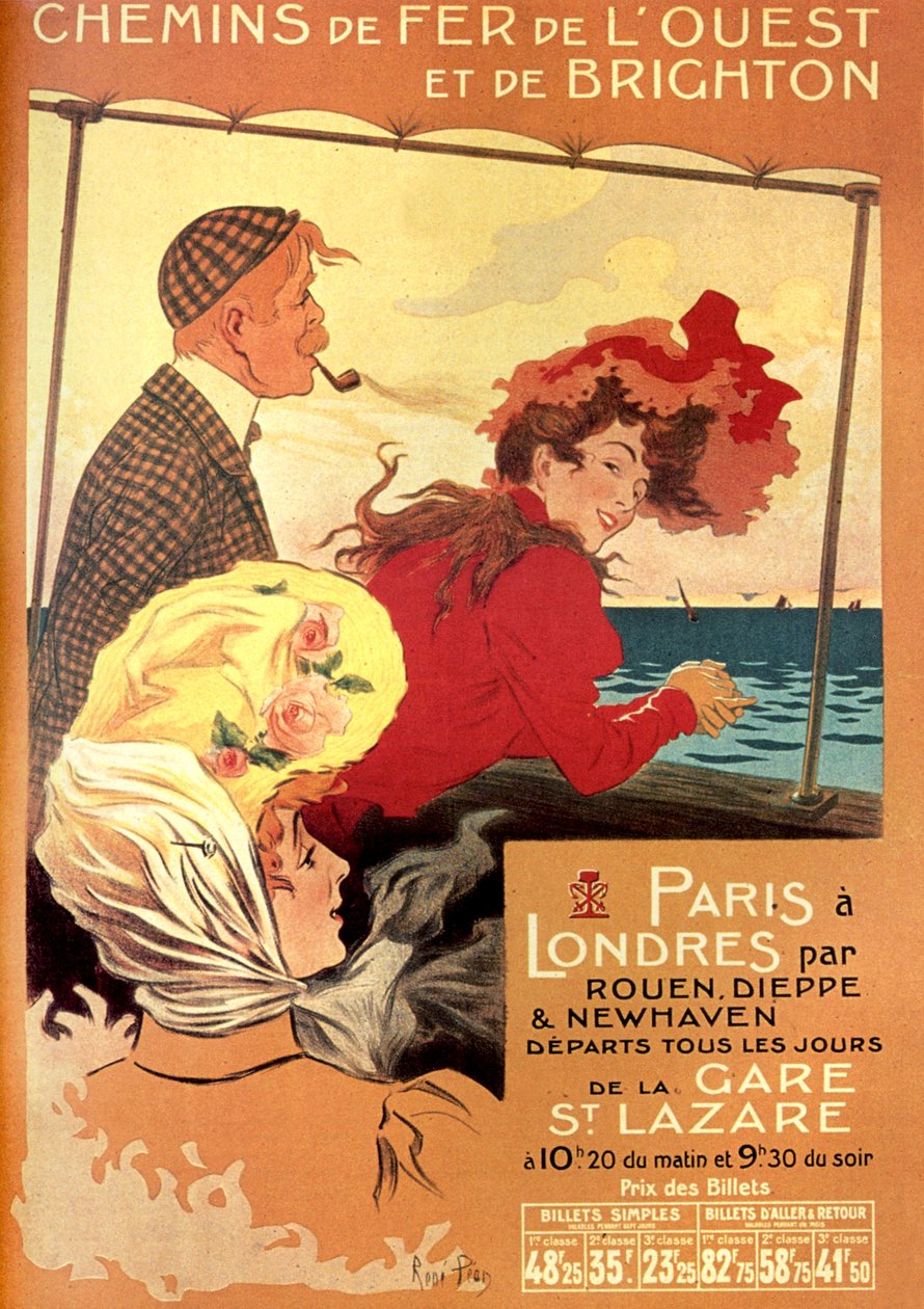Reklamní plakát Rene Peana pro železniční společnost West and Brighton pro trať Paříž Londýn přes Rouen, Dieppe a Newhaven, konec 19. století od Rene Pean
